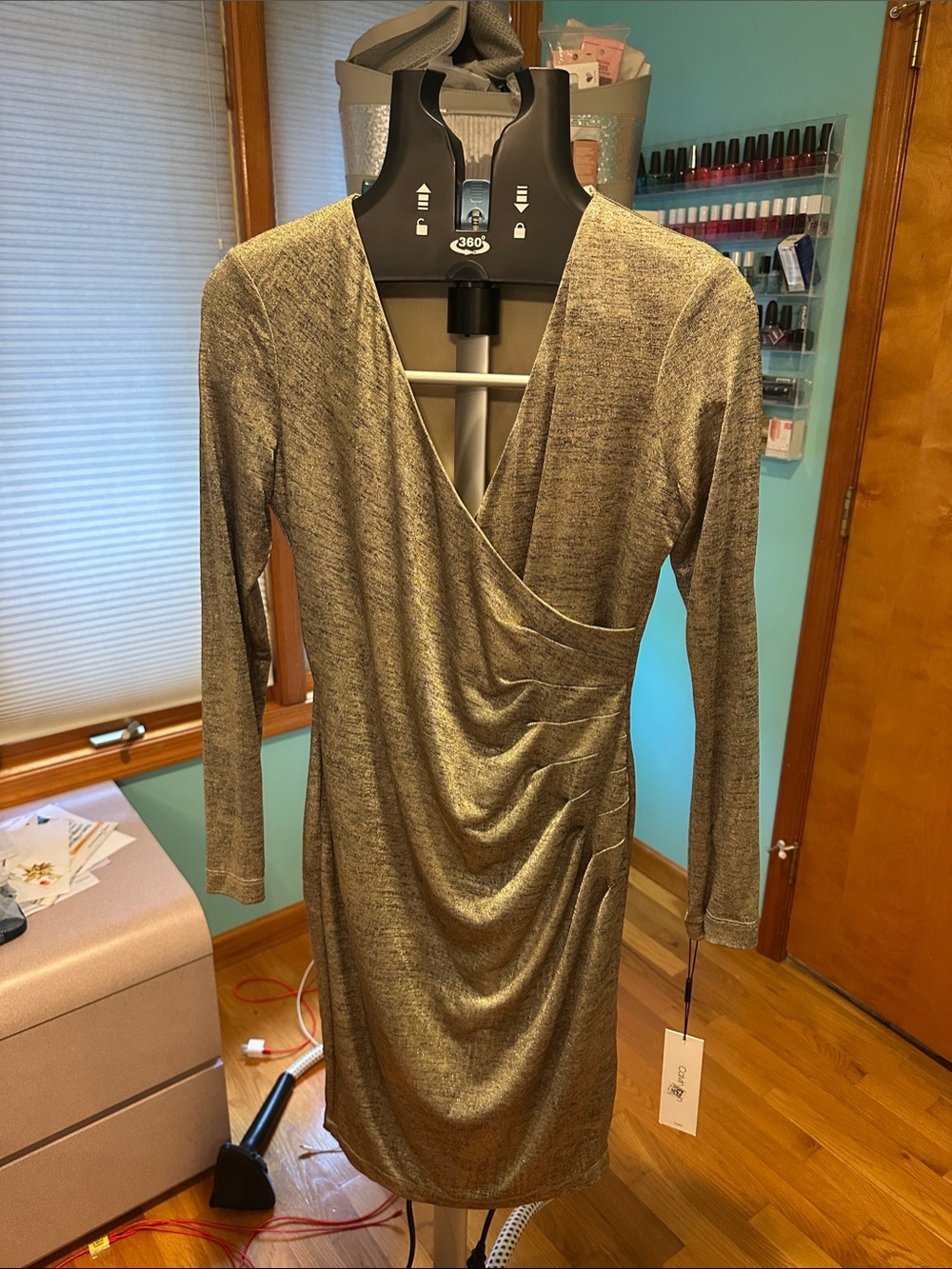 Calvin Klein Metallic Gold Long-Sleeve Wrap Dress
